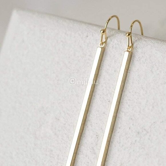 Minimalist 14K Gold Plated Long Vertical Bar Drop Earrings - Picture 3 of 6